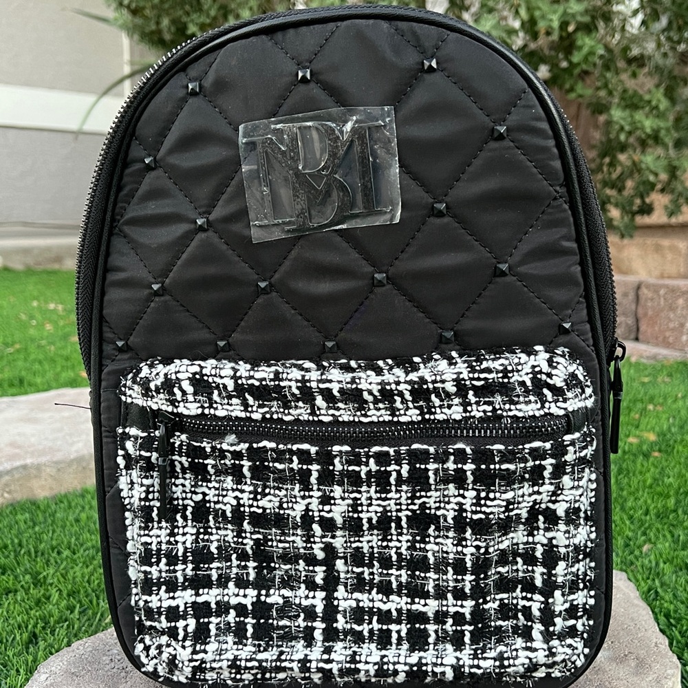 Badgley Mischka BM‑4106 Diamond Quilted Nylon Backpack w/ Studs – Black, NWT